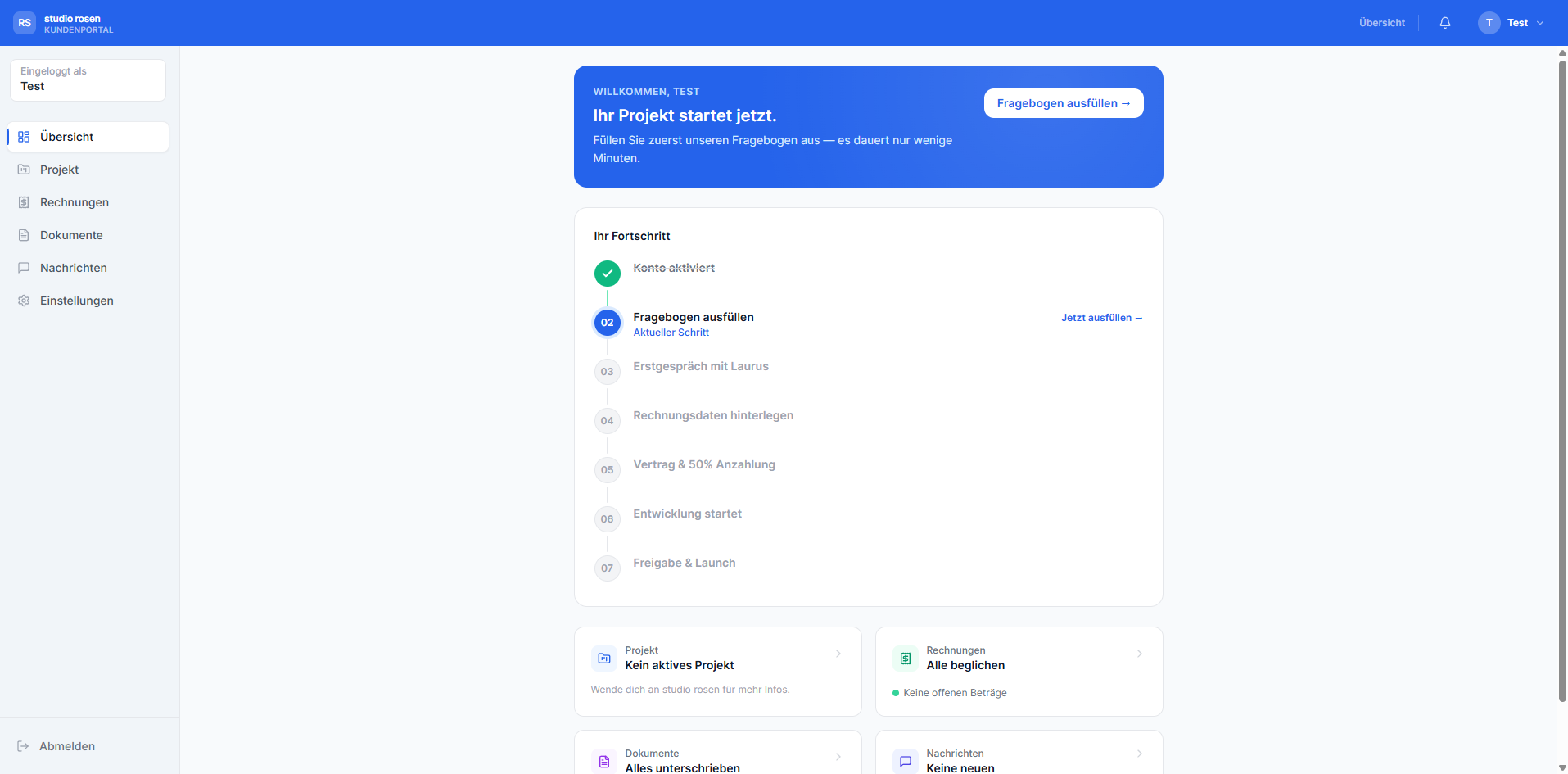 studio rosen Kundenportal — Projektübersicht